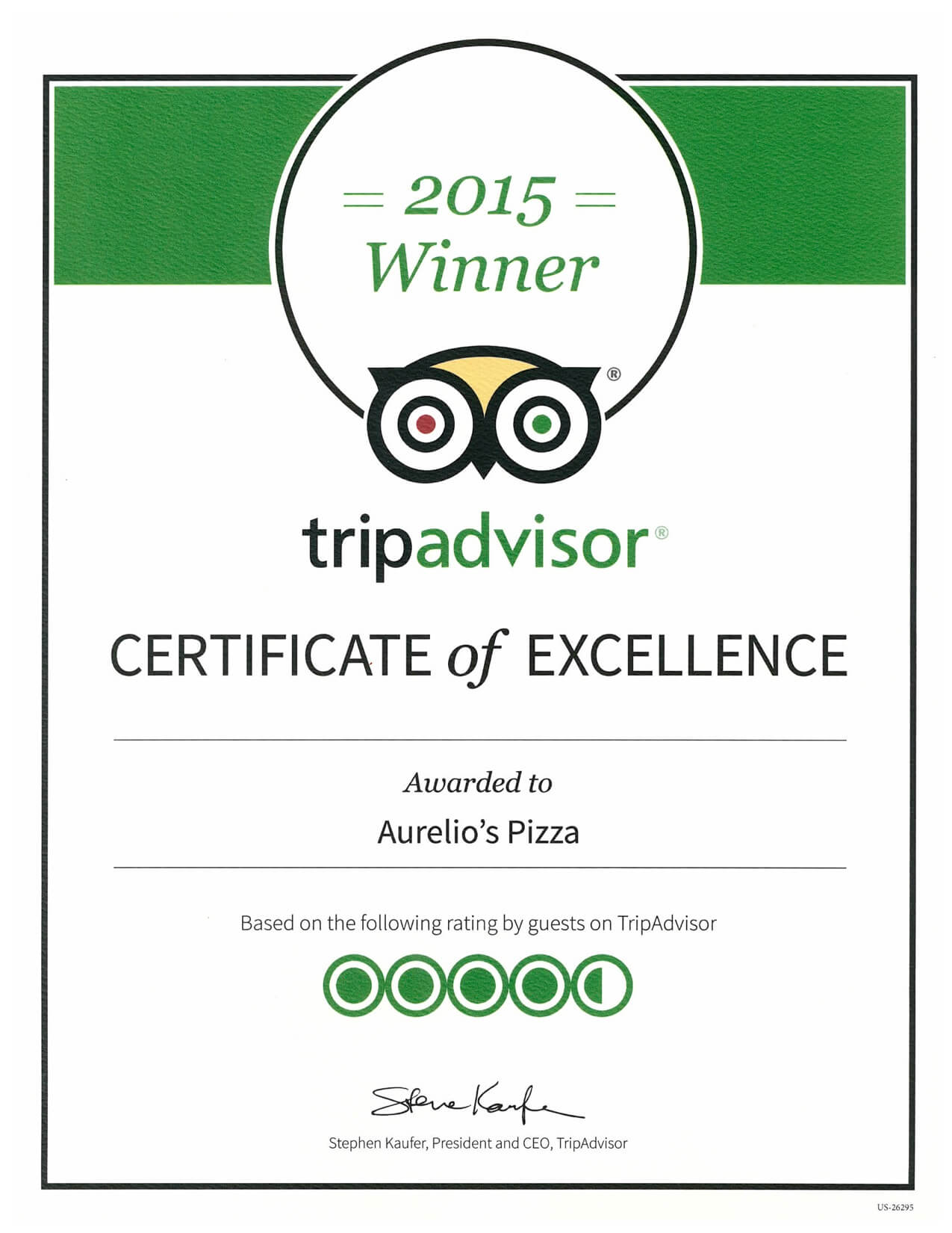 Aurelio's Pizza - Certificate of Excellence